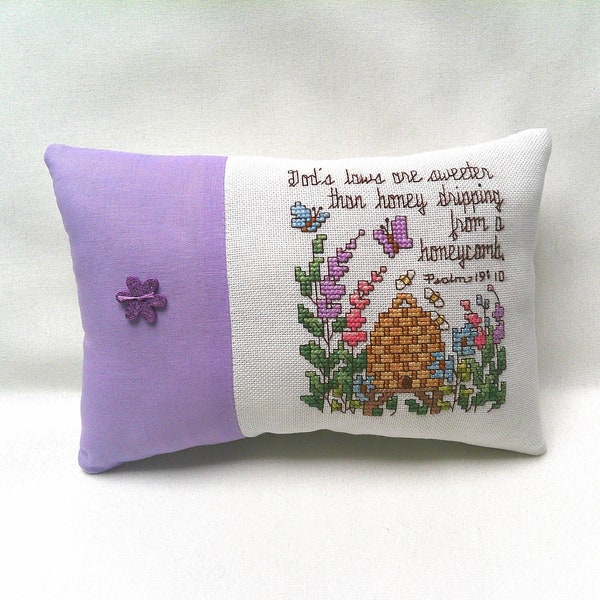 Beehive Mini Pillow, Bible Verse Psalm 19:10, Religious Decor, Flowers, Butterflies, 5 3/4" x 8 1/4"