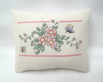 Floral Mini Pillow Flowers Butterflies Cross Stitch Completed 4 1/4" x 5 1/4"