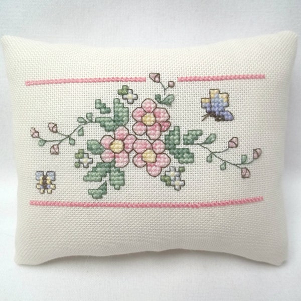 Floral Mini Pillow Flowers Butterflies Cross Stitch Completed 4 1/4" x 5 1/4"