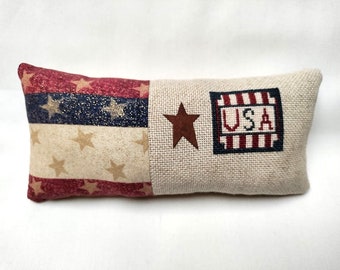 Patriotic USA Mini Pillow Cross Stitch Americana July 4 Independence Day  3 3/4" x 9"