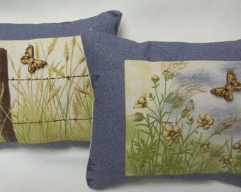 Country Mini Pillows Pair Farmhouse Decor Butterfly In Field Shelf Pillows 5" x 6" each