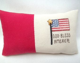 Patriotic Americana Mini Pillow God Bless America Flag Cross Stitch 3 1/4" x 6"