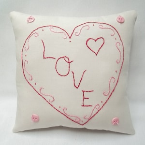 Hand Embroidered Love Heart Pillow: Valentine&#39;s Day Decor (7.5&quot; x 7.5&quot;)