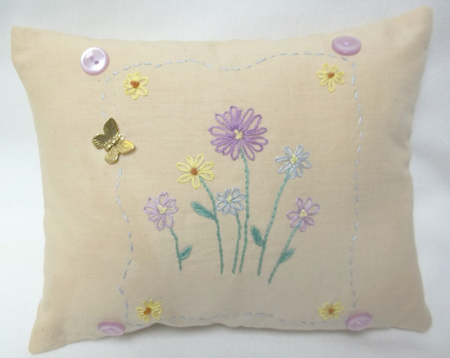 Floral Hand Embroidered Mini Pillow Spring Summer Decor