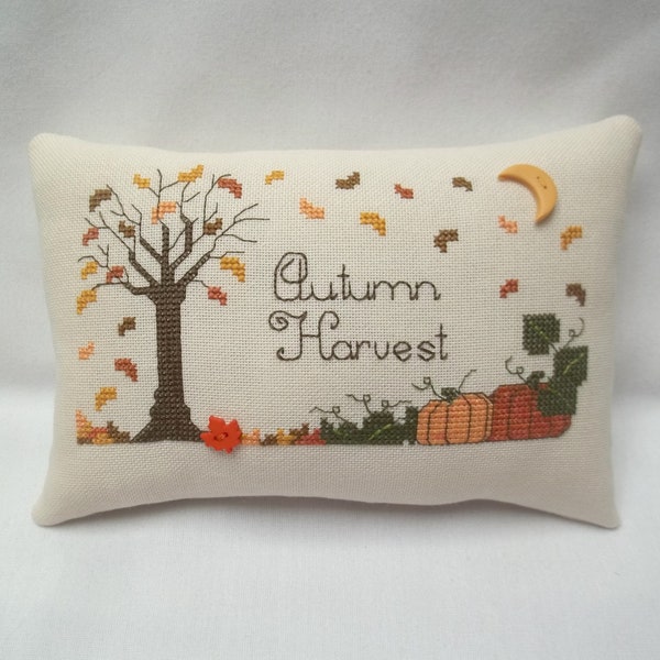 Autumn Harvest Mini Pillow Cross Stitch Fall Small Pillow Completed  5 1/4 " x 8 "