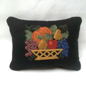 Fruit Basket Mini PIllow Cross Stitch Autumn Thanksgiving  Pillow Tuck Optional Hanger 3 3/4 " x 5"