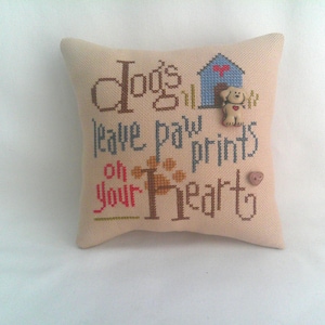 Dog Mini Pillow, Cross Stitch, Paw Prints on Your Heart, Doghouse