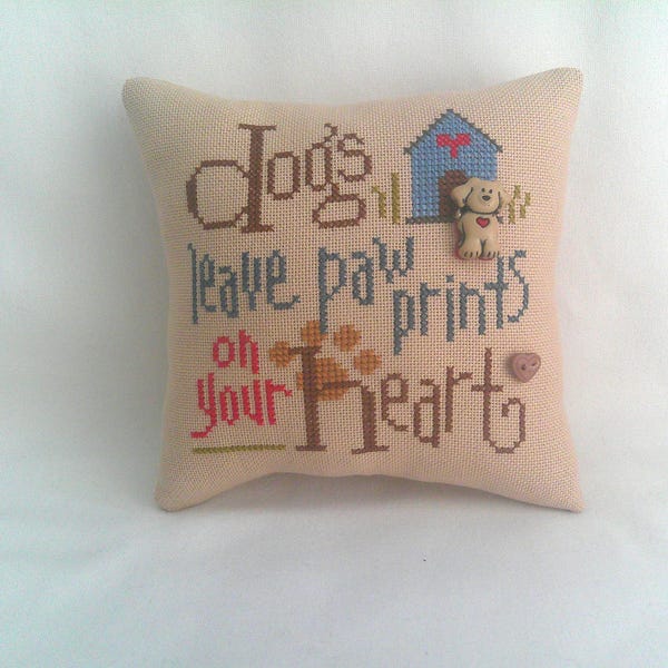 Dog Mini Pillow, Cross Stitch, Paw Prints on Your Heart, Doghouse