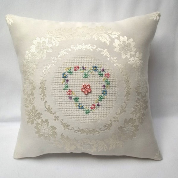 Heart Flowers Pillow Cross Stitch Completed Small Accent Pillow 9 1/2" x 10"
