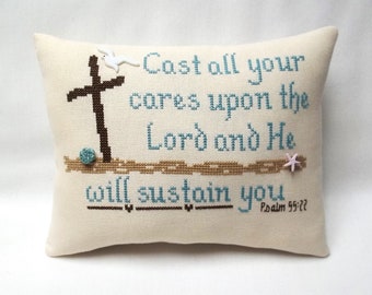 Bible Verse Mini Pillow, Psalm 55:22 ,Gift For Christian, Cross Stitch Home Decor 6 1/2" x 8 1/2"