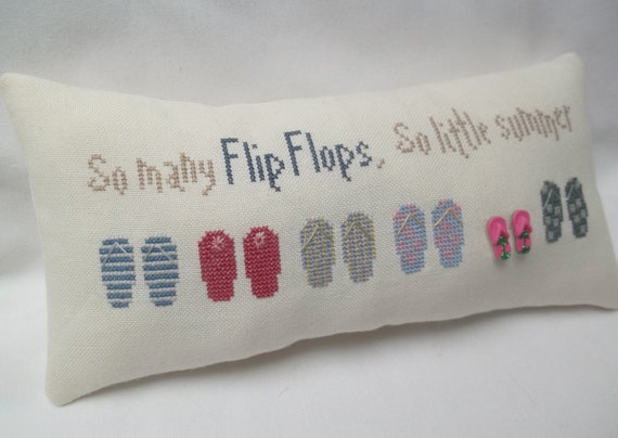 Flip Flop Pillow Beach Cross Stitch Completed Gift For Her Etsy