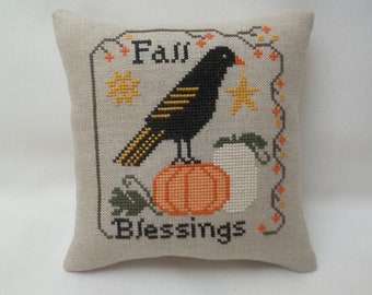 Cross Stitch Mini Pillow: Fall Blessings, Crow & Pumpkins, 5 1/2" x 6"
