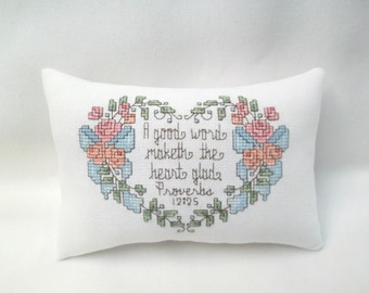 Bible Verse Mini Pillow Proverbs 12:25 Heart Flowers Cross Stitch 4 1/2" x 6 1/2"