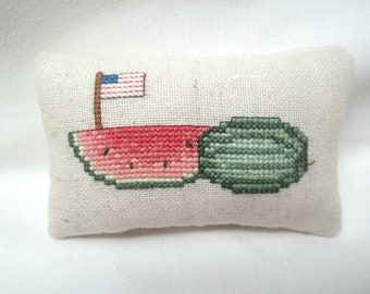 Watermelon Mini Pillow Summer Flag Cross Stitch Optional Hanger 3 1/2" x 4 3/4"