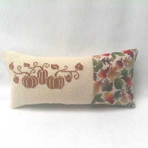 Autumn Pumpkin Mini Pillow, Fall Leaves, Shelf Sitter, Cross Stitch 4&quot; x 8 1/2&quot;