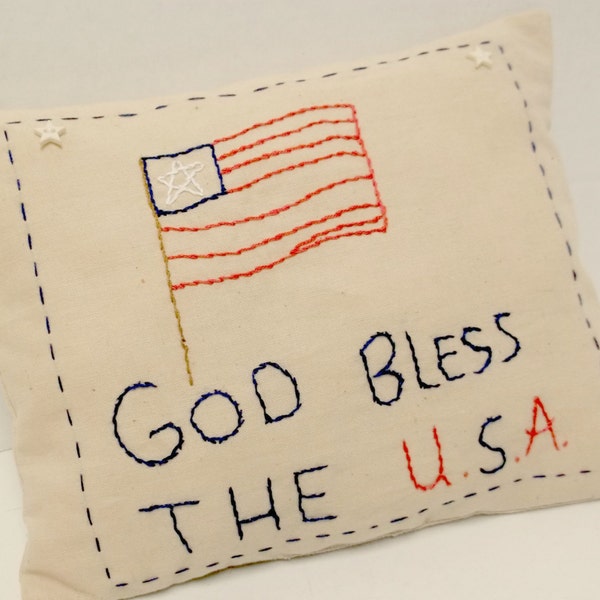 God Bless The USA  Primitive Hand Embroidered Mini Pillow