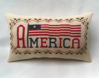 America Flag Mini Pillow Cross Stitch Completed Patriotic Americana Shelf Pillow 5 3/4" x 9 3/4"