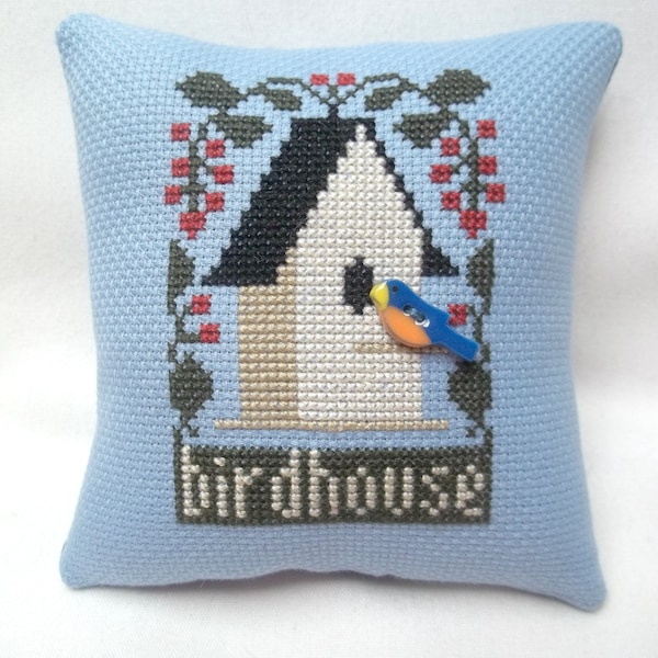Birdhouse Bluebird Mini Pillow Shelf Pillow Cross Stitch Home Decor Summer Pillow Tuck 4 3/4" x 5"