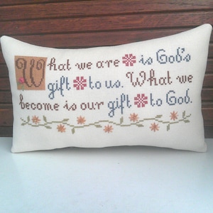 Religous God Theme Small Accent Pillow, Cross Stitch, Christian, Floral Border
