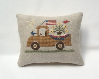 Truck Patriotic Mini Pillow Americana Cross Stitch Pickup Farmhouse Pillow Tuck 4 1/2" x 5 3/4 "