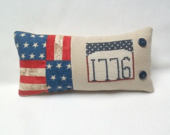 Patriotic 1776 Mini Pillow Cross Stitch Completed Shelf Pillow July 4 Independence Day 3 1/4" x 7 1/4"