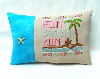 Beach Mini Accent Pillow ,Cross Stitch Shore Decor, Feelin' Beachy Keen, 6 3/4" x 10"