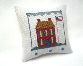 Patriotic Mini Pillow Cross  Stitch Primitive House & Flag 5" x 5"