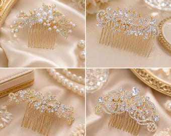 Elegantes Goldbraut Haarkamm-Set, Kristallperlen Hochzeit Haarschmuck, Strass Brautkamm, Brautjungfer Haarteil, Hochzeit Kopfschmuck