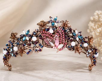 Elegant Rose Gold Butterfly Crown, Colorful Bridal Tiara, Fairy Queen Headpiece, Rhinestone Wedding Crown, Fantasy Princess Hair Accessory