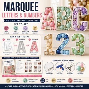 Peut inclure: Un modèle numérique pour lettres et chiffres chapiteaux de 30 cm à 180 cm. Le kit inclut des instructions pour imprimer, assembler des structures en carton mousse et les remplir de ballons. Exemples avec A, B, C et 1, 2, 3 inclus.