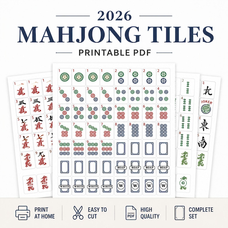 Peut inclure: Un PDF imprimable de tuiles de Mahjong, pr&eacute;sentant diff&eacute;rents symboles et chiffres en rouge, vert et bleu. Le texte "2026 MAHJONG TILES PRINTABLE PDF" est en haut. Comprend des tuiles avec les mots "SOAP" et "WHITE".