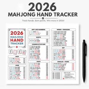 May include: A Mahjong Hand Tracker for 2026, with a black pen. The white tracker has a red and black title, and lists point values for various hand combinations. Includes instructions and point totals.