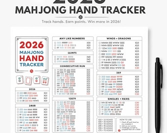 Hand Tracker de mahjong 2026 | Carte de score du mahjong américain (téléchargement numérique)