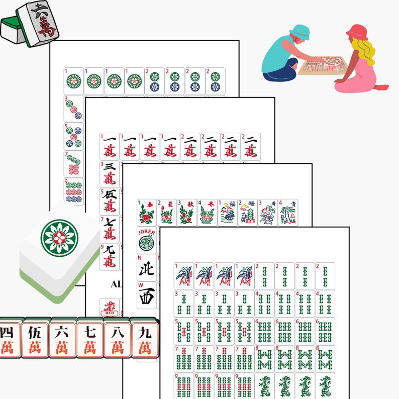Peut inclure: Un jeu de Mahjong complet avec des tuiles repr&eacute;sentant diff&eacute;rents symboles, chiffres et caract&egrave;res. L'ensemble comprend une bo&icirc;te, des tuiles avec des motifs floraux et g&eacute;om&eacute;triques, et quelques tuiles avec des caract&egrave;res chinois. Deux personnes jouent au jeu.