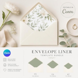 Puede incluir: Un paquete de plantillas para forros de sobres con un patrón floral de flores blancas y hojas verdes. El set incluye tamaños C5, C6 y A7 con dimensiones de 162 x 229 mm, 114 x 162 mm y 74 x 105 mm. Texto: Editable in Canva y Envelope Liner.