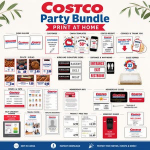 May include: A Costco Party Bundle print-at-home digital kit featuring various printable signs, price tags, membership cards, cake toppers, and informational posters with red, blue, and white branding, designed for customizable party decor.