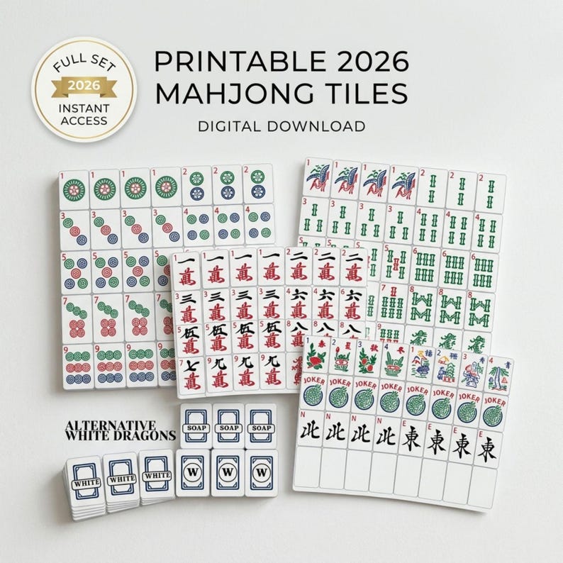 Peut inclure: Un ensemble complet de tuiles de Mahjong imprimables 2026. Les tuiles sont blanches avec divers symboles en vert, rouge et bleu. Comprend des dragons blancs alternatifs et des tuiles joker. Le texte "PRINTABLE 2026 MAHJONG TILES" est affich&eacute;.