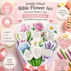 Könnte beinhalten: Ein Strauß druckbarer Bibelblumenkunst für den christlichen Muttertag. Der Strauß enthält verschiedene Blumen mit Bibelversen, wie Tulpen, Rosen und Gänseblümchen. Das Bild enthält auch Text, der "Druckbare Blumen mit Bibelstrauß-Bastelarbeit" sagt.