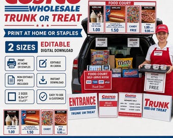May include: A digital download kit for a Costco Wholesale Trunk or Treat display, featuring printable signs for a food court menu, entrance, and hours. Includes editable badges and price lists in 21.6x27.9 cm and 27.9x43.2 cm sizes for home printing.