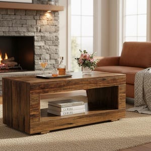 May include: A rectangular wooden coffee table with a warm, brown finish. The table has an open shelf and is placed in a living room setting with a fireplace, sofa, and rug. The table is approximately 48 inches long, 24 inches wide, and 16 inches high.