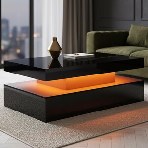 LED Coffee Table, Modern High Gloss Coffee Table with Storage, Grey Wooden Center Table, Minimalist Living Room Table, Coffee table