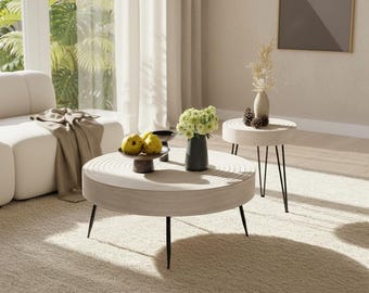 Modern Farmhouse Round Nesting Coffee Table Set, Rustic Wood Living Room Table, 2 Piece Side & Accent Table Set, White Ring Pattern