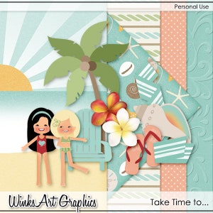 Könnte beinhalten: Ein digitales Scrapbook-Papierpaket mit Strandthema. Die Papiere zeigen eine Vielzahl von Mustern, darunter Streifen, Punkte und Muscheln. Die Papiere sind in Blautönen, Grüntönen und Rosa. Der Text "Take Time to..." befindet sich am unteren Rand des Bildes.