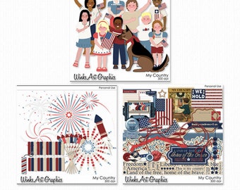 4th of July Clip Art: "My Country" Patriotic Kids, Fireworks, German Shepherd (Digital Download)