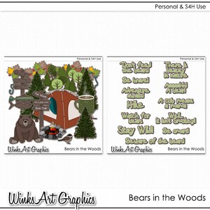 Clip art e word art di orsi nel bosco: grafica per scrapbooking (download digitale)