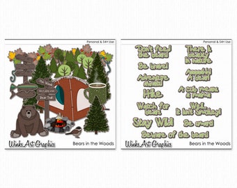 Bears in the Woods Clip Art & Word Art: Scrapbooking Graphics (Digital Download)