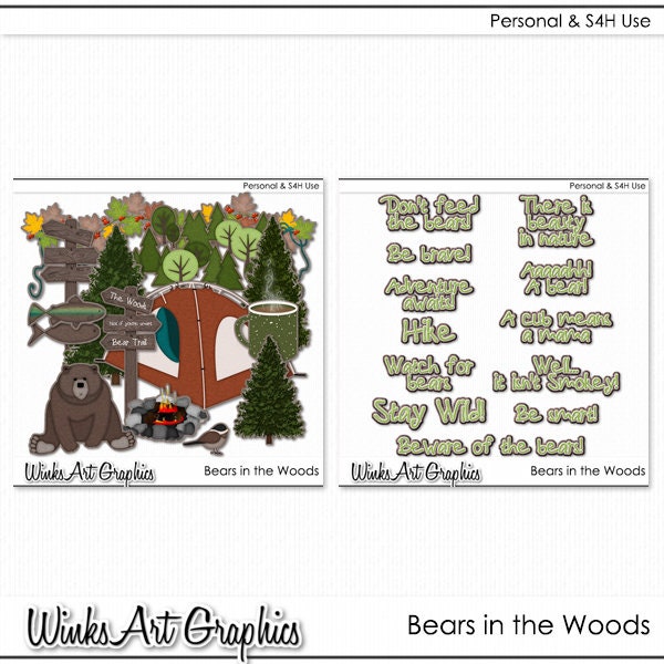 Bears in the Woods Digital Clip Art and Word Art for Digital Scrapbooking, Card Creation, Collage, Paper Crafts