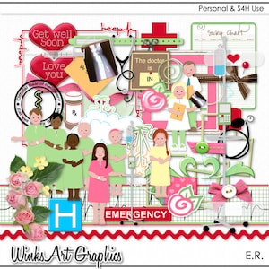 May include: A digital scrapbook kit with illustrations of hospital equipment, medical staff, and patients. The kit includes images of a stethoscope, IV bag, heart monitor, and a doctor, nurse, and patients. The kit also includes text elements such as "Get well soon", "Love you", "The doctor is in", and "Emergency".