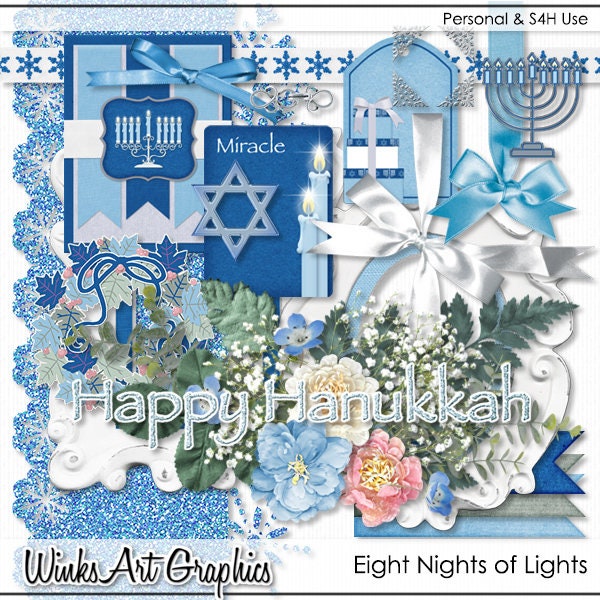 Eight Nights of Lights Digital Hanukkah Scrapbook Elements and Ephemera