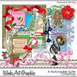 May include: A digital scrapbooking kit with a Christmas theme. The kit includes images of a gingerbread man, candy canes, bells, bows, snowflakes, and a Christmas tree. The text "It's Christmas!" and "A Nutcracker Suite Christmas" are also included.